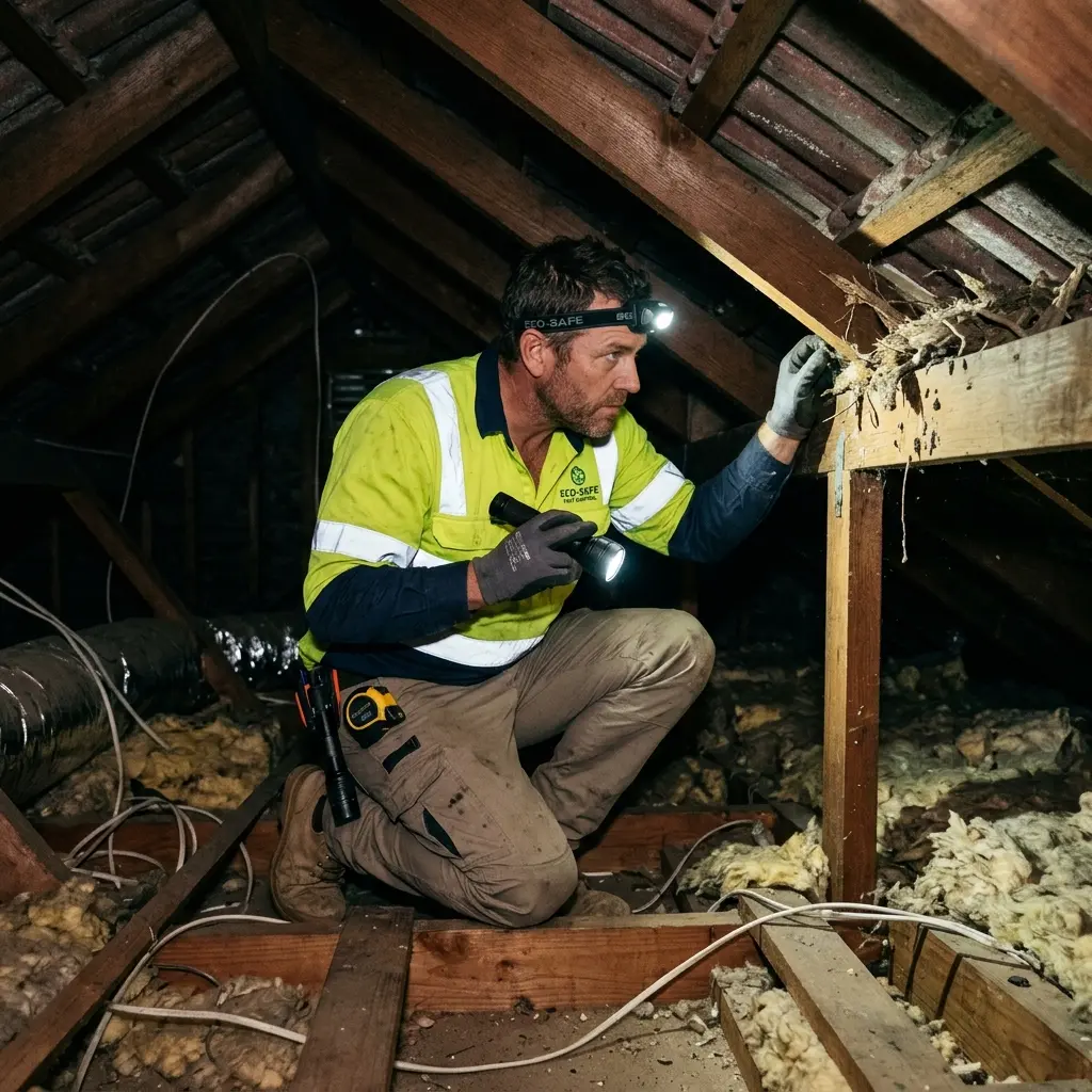 Technician inspecting a Wattle Flat subfloor void for a deceased cat